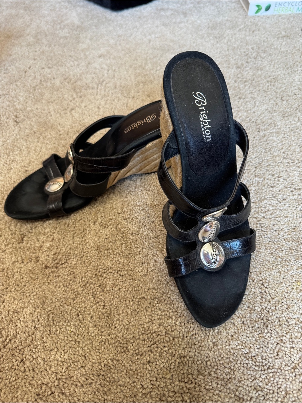 Brighton Black Leather Wedge Sandals with Silver Accents